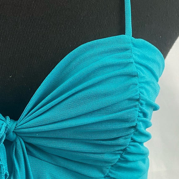Next Era Couture Teal Layered Heart Neckline Spaghetti Strap Handkerchief Top - Picture 3 of 9